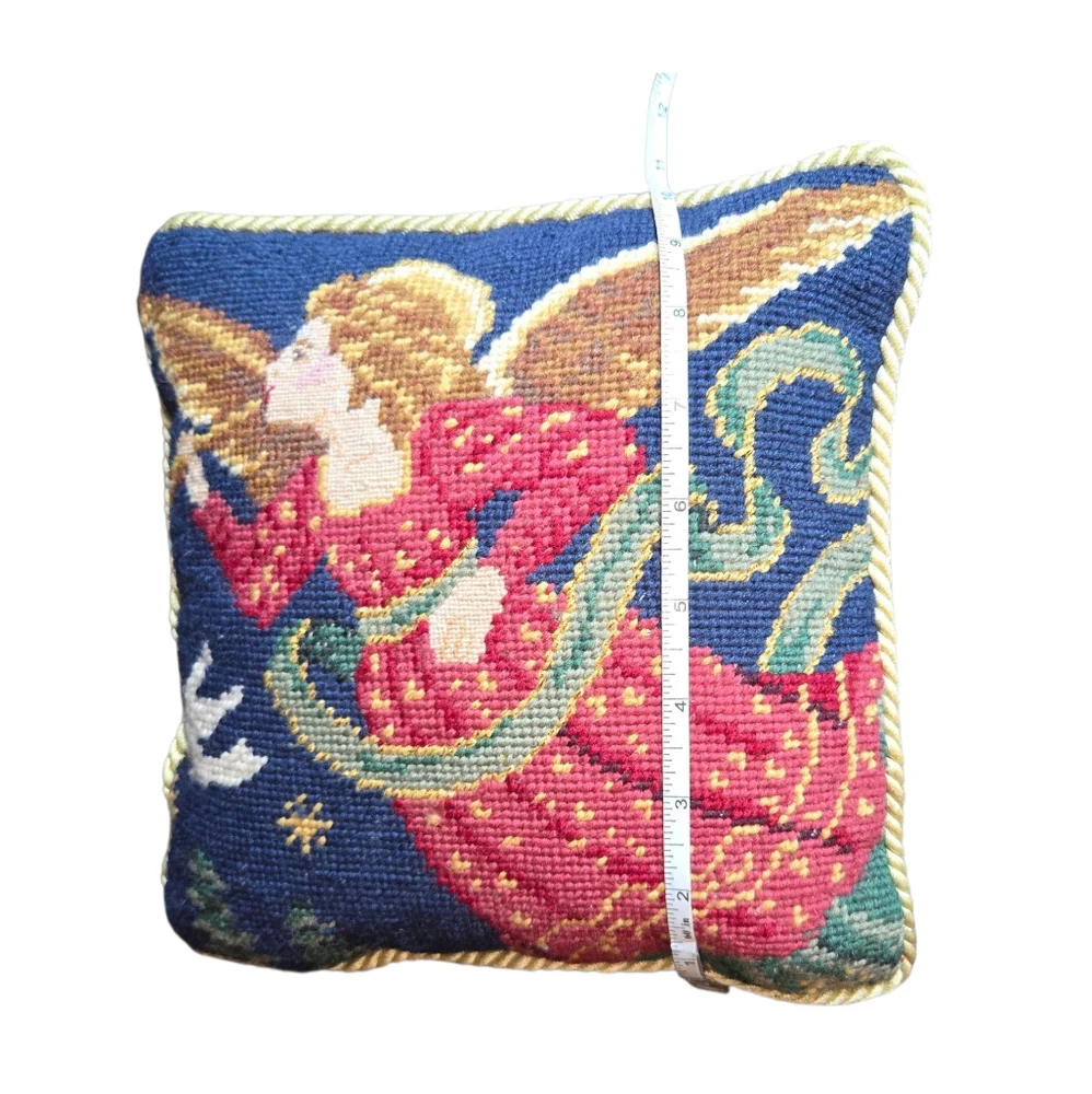 Vintage Angel Needlepoint Tapestry Velvet Backed Gold Braid Edged Pillow 10